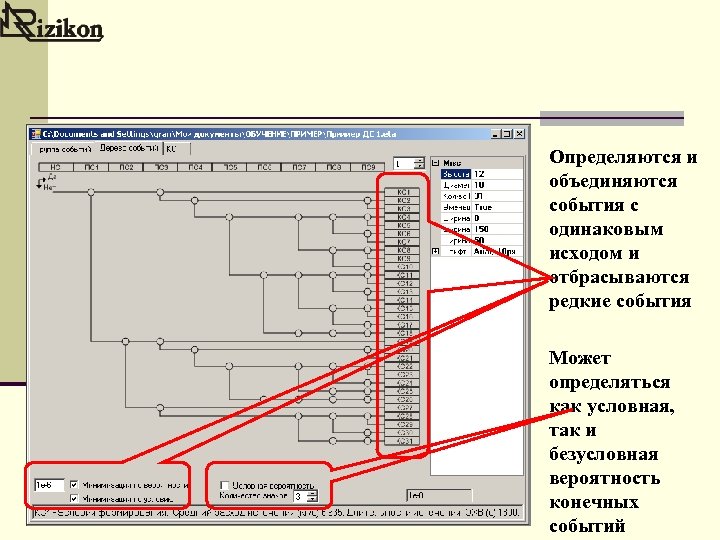 Определяются и объединяются события с одинаковым исходом и отбрасываются редкие события Может определяться как