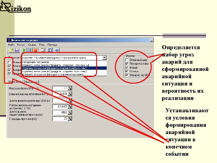 Определяется набор угроз аварий для сформированной аварийной ситуации и вероятность их реализации Устанавливают ся