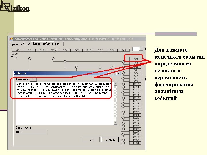 Для каждого конечного события определяются условия и вероятность формирования аварийных событий 