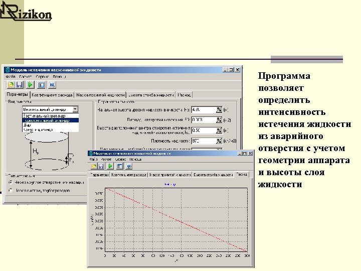 Программа позволяет определить интенсивность истечения жидкости из аварийного отверстия с учетом геометрии аппарата и