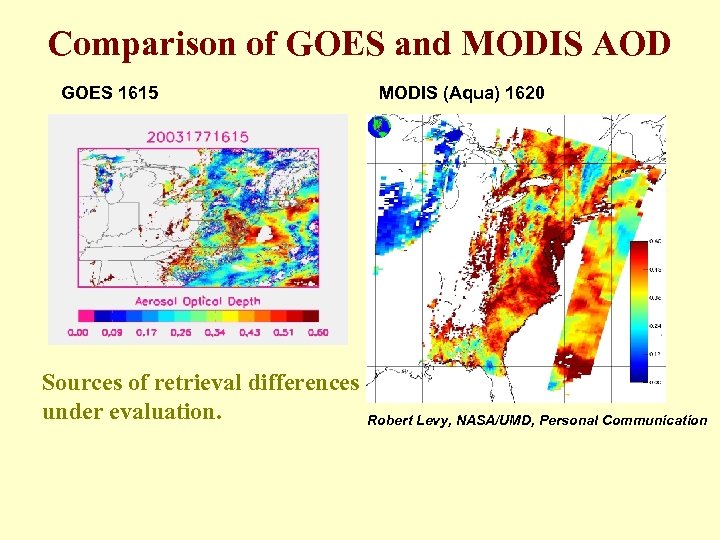 Comparison of GOES and MODIS AOD GOES 1615 Sources of retrieval differences under evaluation.