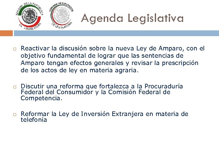Agenda Legislativa Reactivar la discusión sobre la nueva Ley de Amparo, con el objetivo