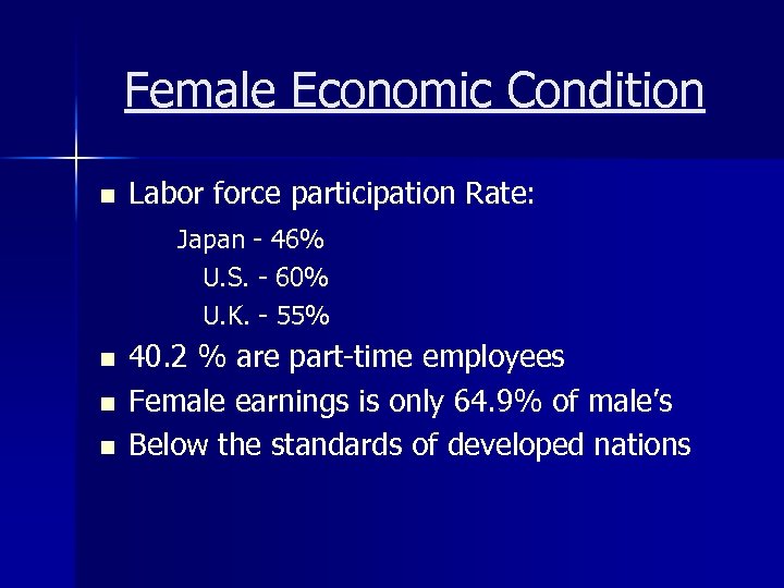 Female Economic Condition n Labor force participation Rate: Japan - 46% U. S. -