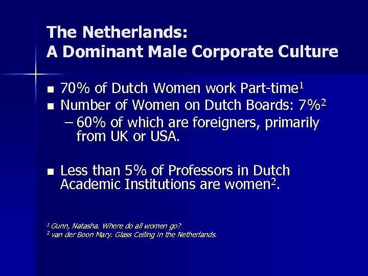The Netherlands: A Dominant Male Corporate Culture n 70% of Dutch Women work Part-time