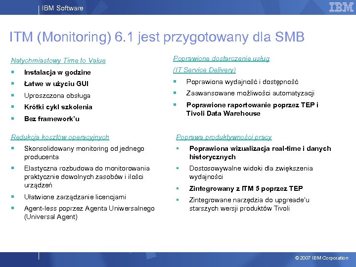 IBM Software ITM (Monitoring) 6. 1 jest przygotowany dla SMB Natychmiastowy Time to Value
