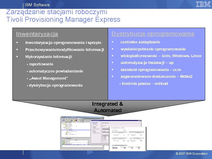 IBM Software Zarządzanie stacjami roboczymi Tivoli Provisioning Manager Express Inwentaryzacja Dystrybucja oprogramowania § Inwentaryzacja