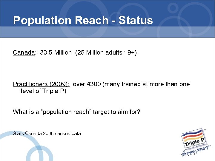 Population Reach - Status Canada: 33. 5 Million (25 Million adults 19+) Practitioners (2009):