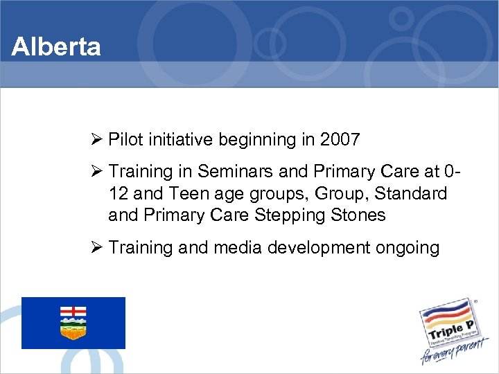 Alberta Ø Pilot initiative beginning in 2007 Ø Training in Seminars and Primary Care