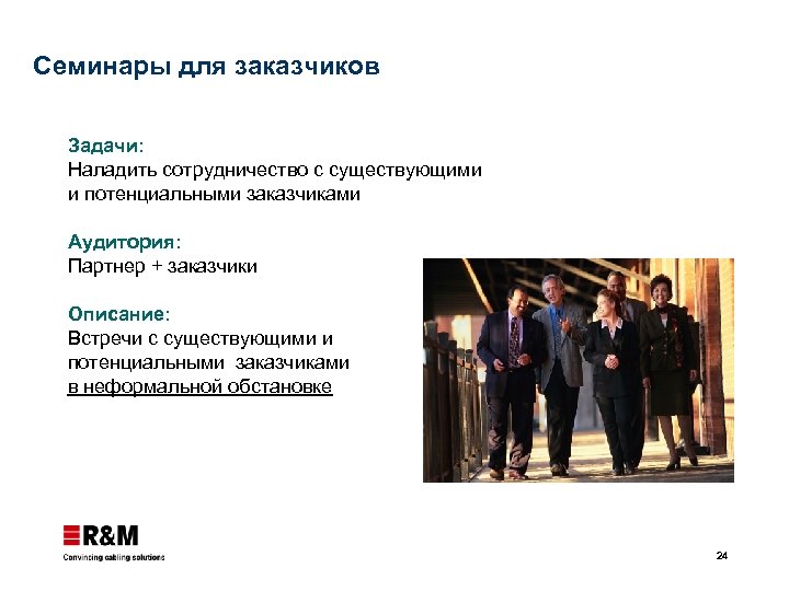 Семинары для заказчиков Задачи: Наладить сотрудничество с существующими и потенциальными заказчиками Аудитория: Партнер +