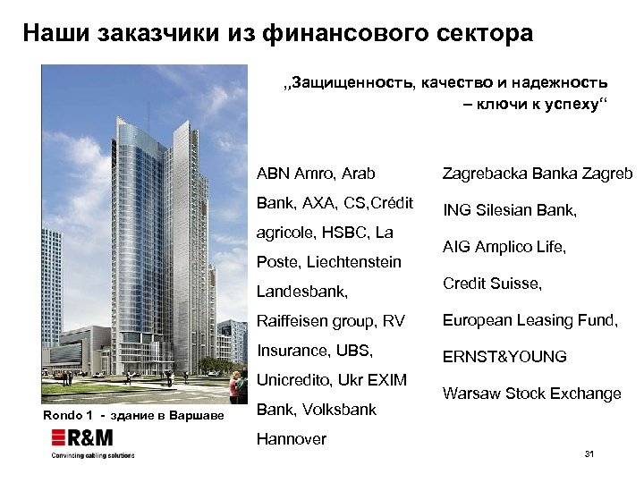Наши заказчики из финансового сектора „Защищенность, качество и надежность – ключи к успеху“ ABN