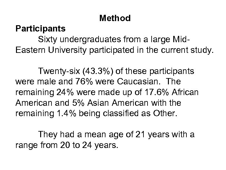Method Participants Sixty undergraduates from a large Mid. Eastern University participated in the current