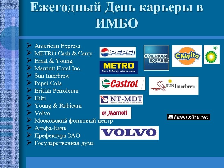 Ежегодный День карьеры в ИМБО Ø Ø Ø Ø American Express METRO Cash &