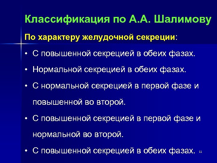 Классификация по А. А. Шалимову По характеру желудочной секреции: • С повышенной секрецией в