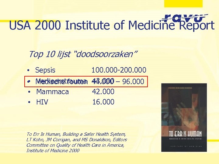 USA 2000 Institute of Medicine Report Top 10 lijst “doodsoorzaken” • • Sepsis 100.