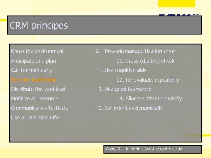 CRM principes Know the environment Anticipate and plan Call for help early Exercise leadership