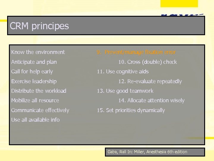 CRM principes Know the environment Anticipate and plan Call for help early Exercise leadership
