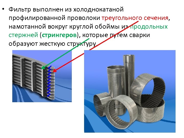  • Фильтр выполнен из холоднокатаной профилированной проволоки треугольного сечения, намотанной вокруглой обоймы из