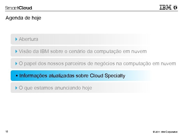 Agenda de hoje Abertura Visão da IBM sobre o cenário da computação em nuvem