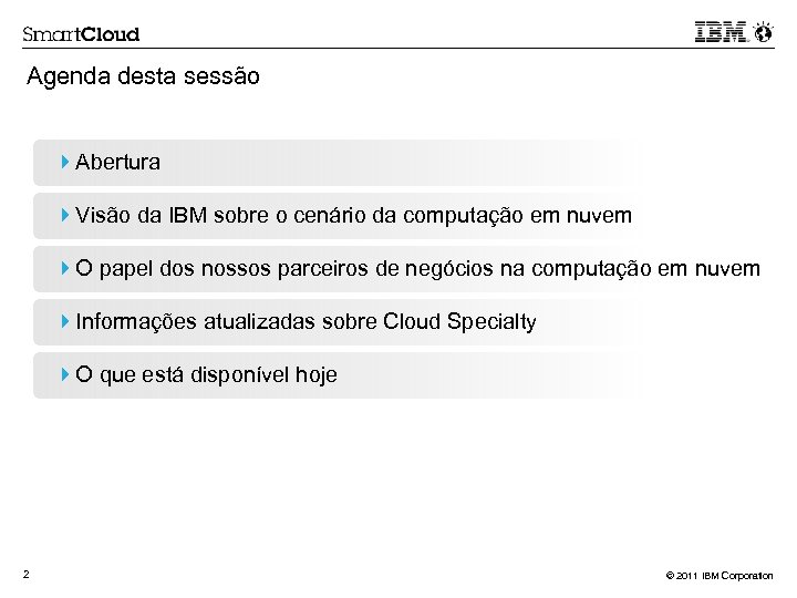 Agenda desta sessão Abertura Visão da IBM sobre o cenário da computação em nuvem