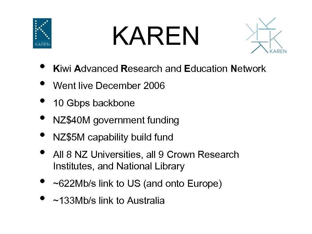 KAREN • • Kiwi Advanced Research and Education Network Went live December 2006 10