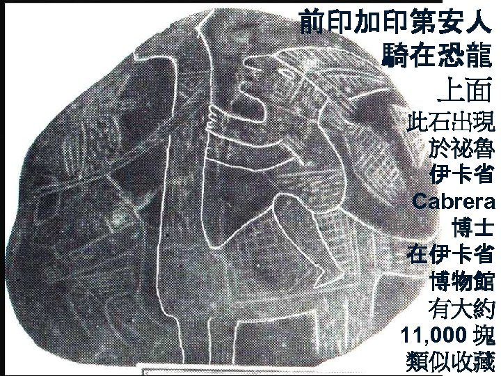 Pre-Inca Indian riding dinosaur 前印加印第安人 騎在恐龍 上面 此石出現 於祕魯 伊卡省 Cabrera 博士 在伊卡省 博物館