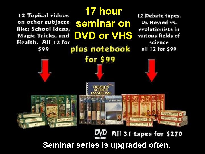 17 hour seminar on DVD or VHS Seminar series is upgraded often. 