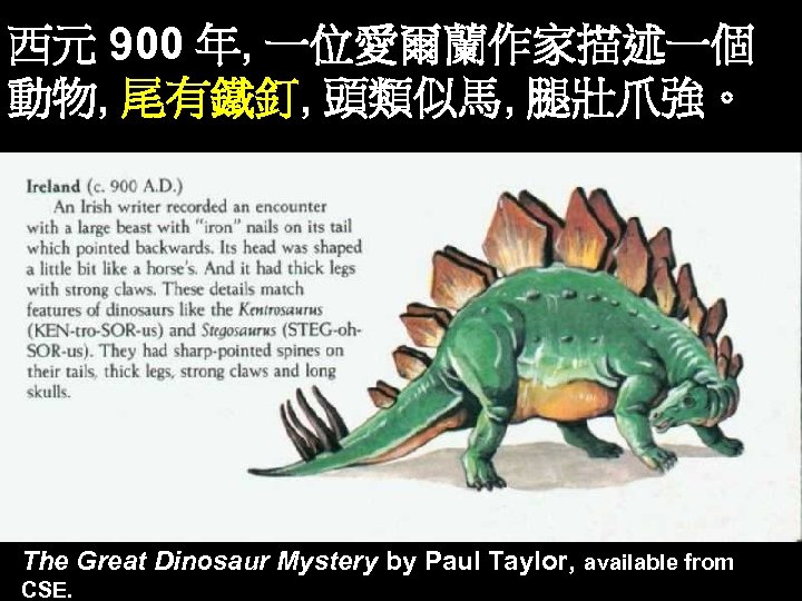 西元 900 年, 一位愛爾蘭作家描述一個 動物, 尾有鐵釘, 頭類似馬, 腿壯爪強。 The Great Dinosaur Mystery by Paul