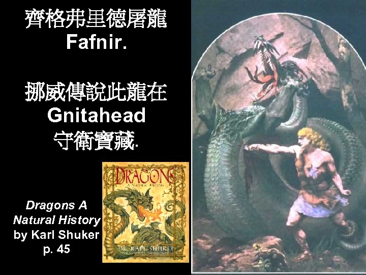 齊格弗里德屠龍 Fafnir. 挪威傳說此龍在 Gnitahead 守衛寶藏. Dragons A Natural History by Karl Shuker p. 45