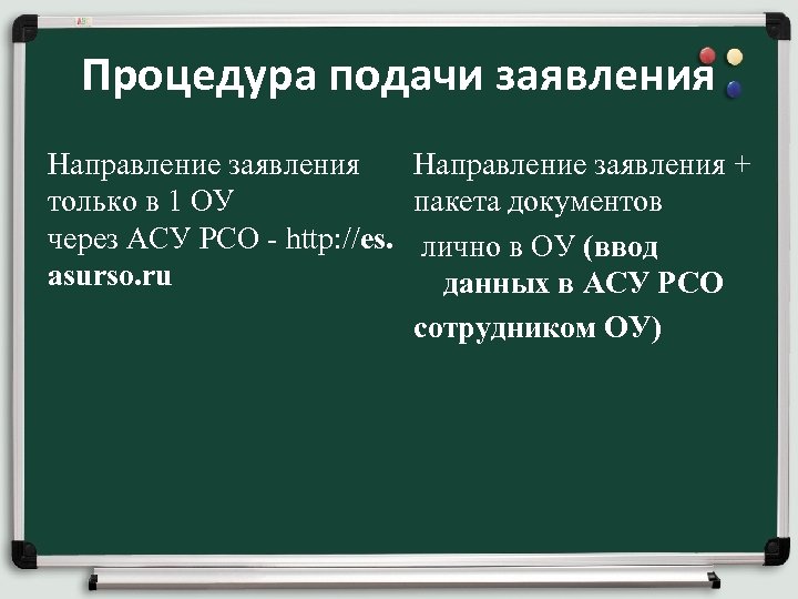 Процедура подачи заявления Направление заявления + только в 1 ОУ пакета документов через АСУ