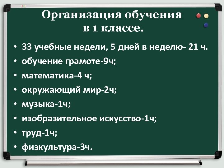 Организация обучения в 1 классе. • • 33 учебные недели, 5 дней в неделю-