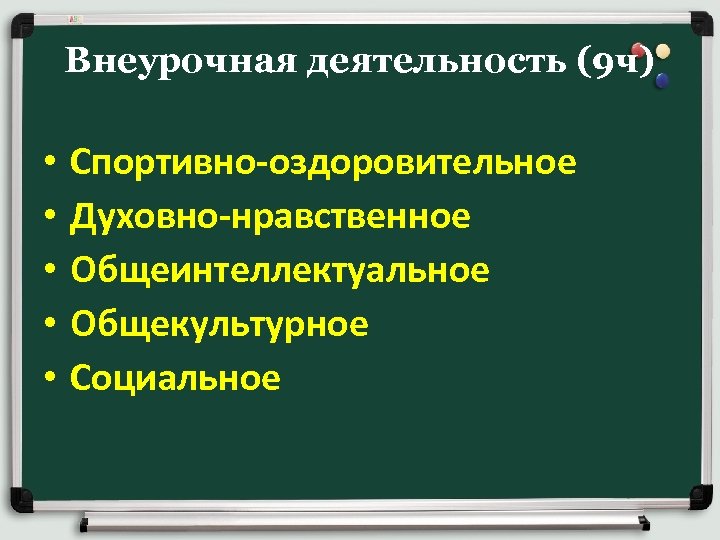 Внеурочная деятельность (9 ч) • • • Спортивно-оздоровительное Духовно-нравственное Общеинтеллектуальное Общекультурное Социальное 