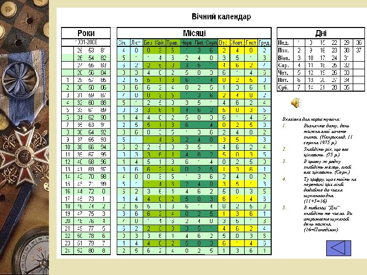 Вказівка для користувача: 1. Визначте дату, день тижня якої хочете знати. (Наприклад, 11 серпня