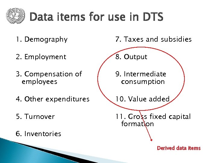 Data items for use in DTS 1. Demography 7. Taxes and subsidies 2. Employment