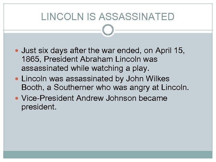 LINCOLN IS ASSASSINATED Just six days after the war ended, on April 15, 1865,