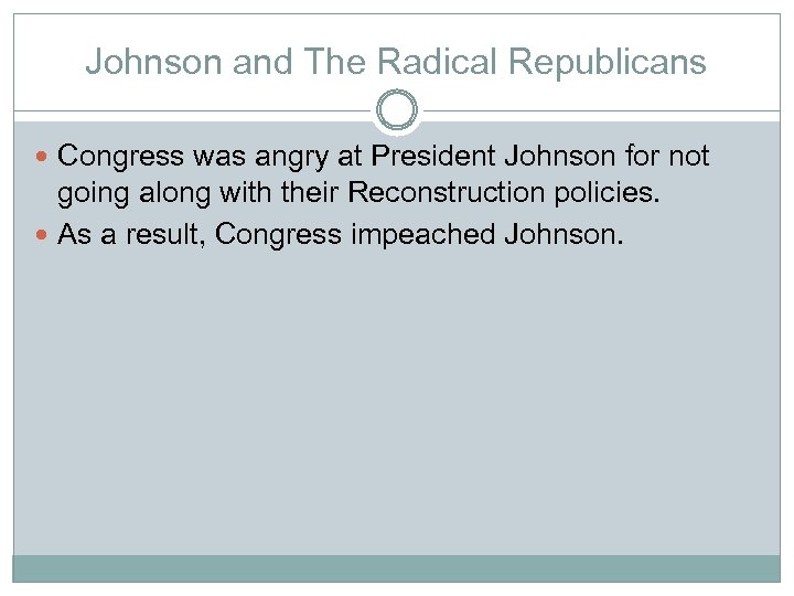 Johnson and The Radical Republicans Congress was angry at President Johnson for not going