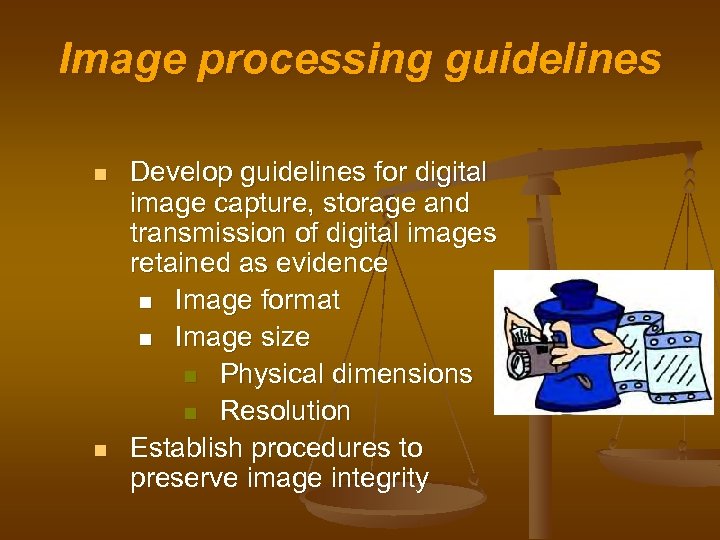 Image processing guidelines n n Develop guidelines for digital image capture, storage and transmission