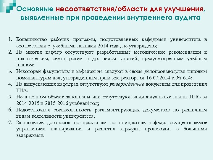 Основные несоответствия/области для улучшения, выявленные при проведении внутреннего аудита 1. Большинство рабочих программ, подготовленных