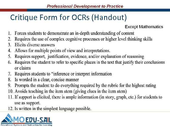 Professional Development to Practice Critique Form for OCRs (Handout) Except Mathematics 