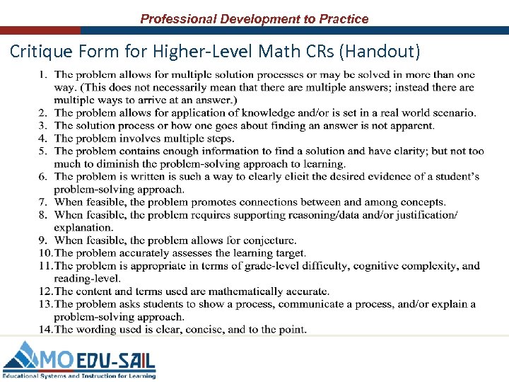 Professional Development to Practice Critique Form for Higher-Level Math CRs (Handout) 