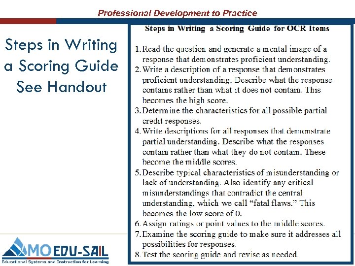 Professional Development to Practice Steps in Writing a Scoring Guide See Handout 