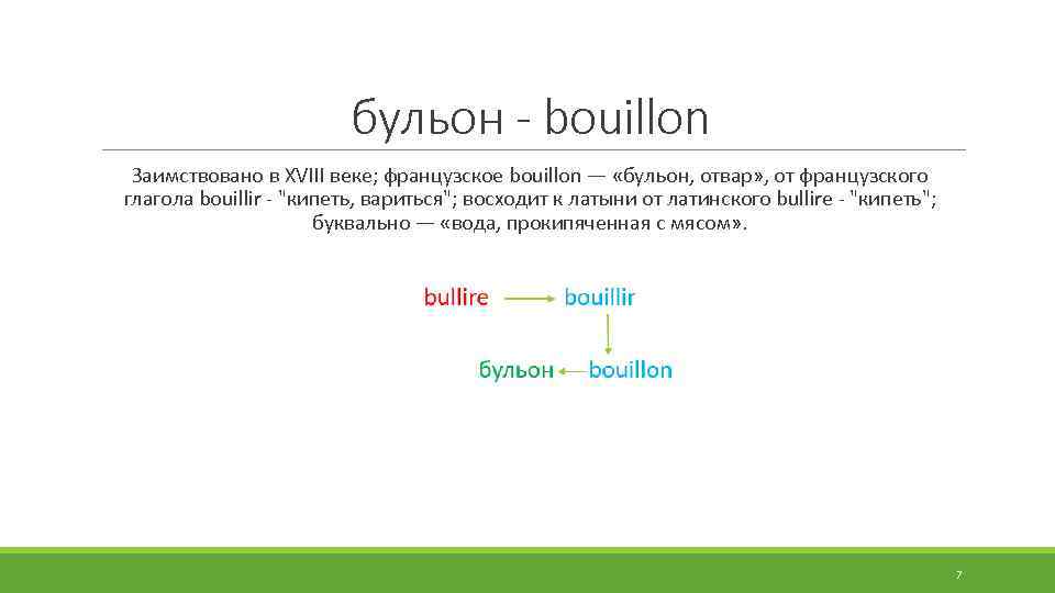 бульон - bouillon Заимствовано в XVIII веке; французское bouillon — «бульон, отвар» , от