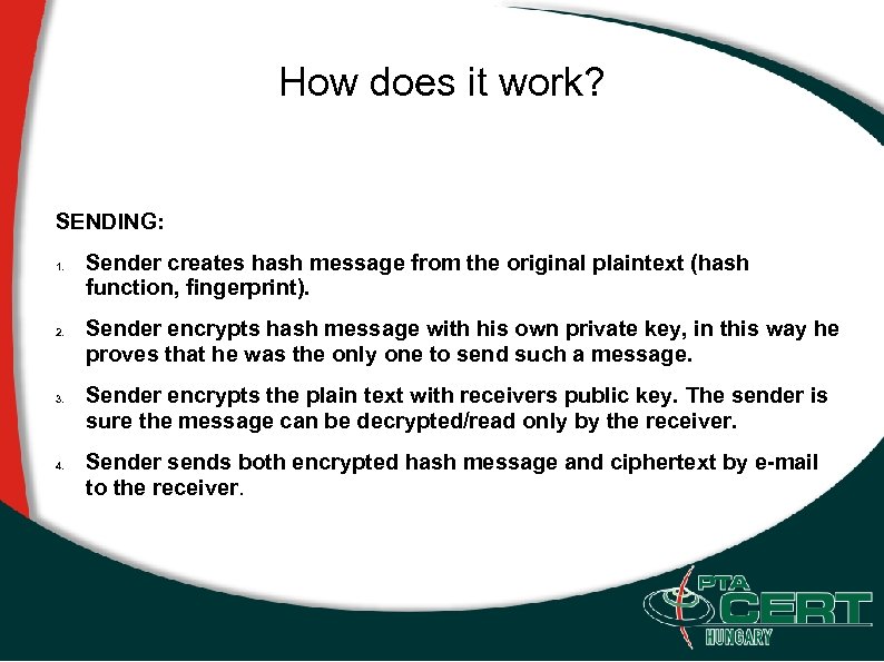 How does it work? SENDING: 1. 2. 3. 4. Sender creates hash message from