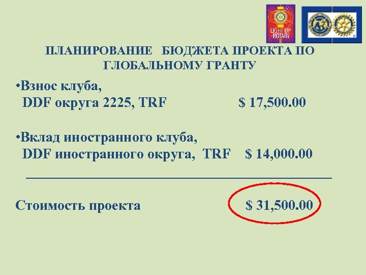 ПЛАНИРОВАНИЕ БЮДЖЕТА ПРОЕКТА ПО ГЛОБАЛЬНОМУ ГРАНТУ • Взнос клуба, DDF округа 2225, TRF $