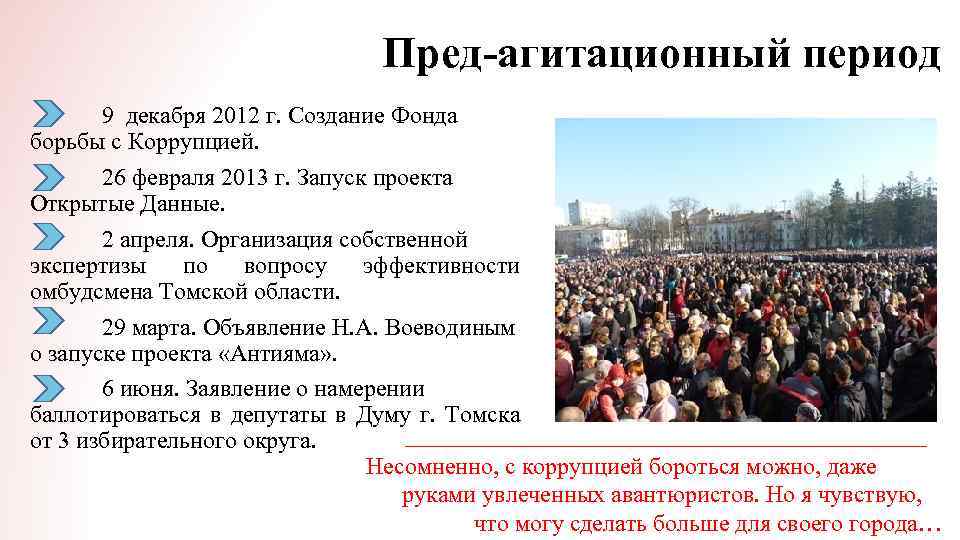 Пред-агитационный период 9 декабря 2012 г. Создание Фонда борьбы с Коррупцией. 26 февраля 2013