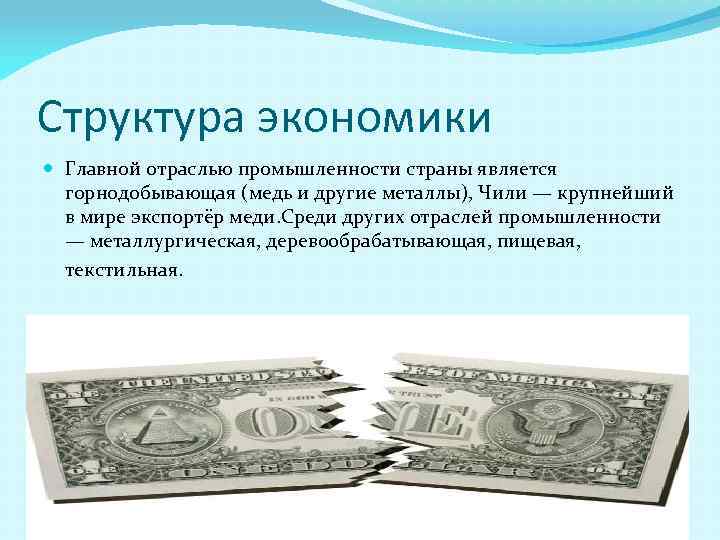 Структура экономики Главной отраслью промышленности страны является горнодобывающая (медь и другие металлы), Чили —