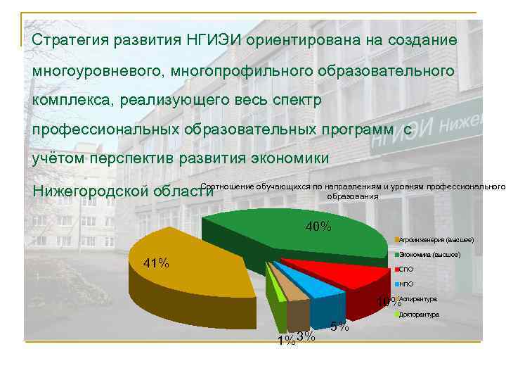 Стратегия развития НГИЭИ ориентирована на создание многоуровневого, многопрофильного образовательного комплекса, реализующего весь спектр профессиональных