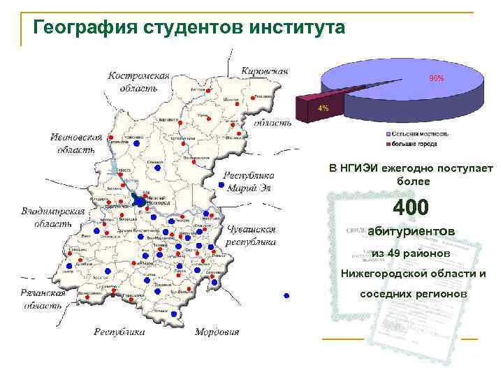 География студентов института В НГИЭИ ежегодно поступает более 400 абитуриентов из 49 районов Нижегородской