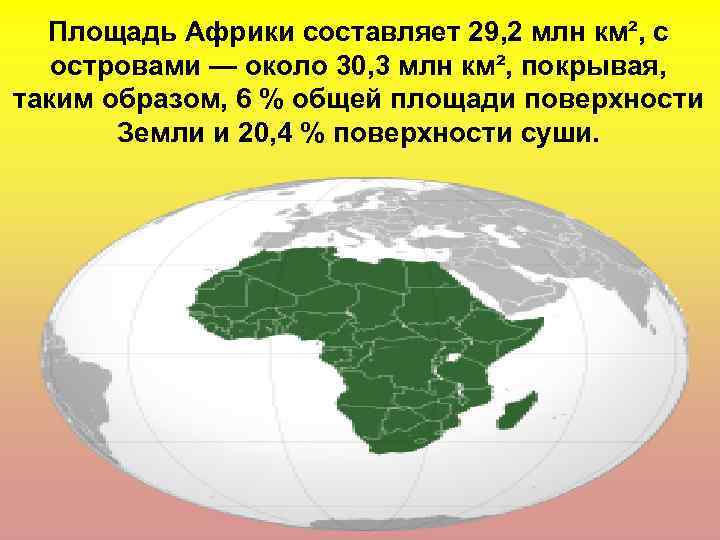 Площадь Африки составляет 29, 2 млн км², с островами — около 30, 3 млн