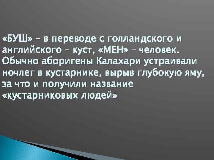  «БУШ» – в переводе с голландского и английского – куст, «МЕН» – человек.