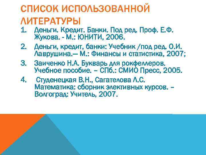 СПИСОК ИСПОЛЬЗОВАННОЙ ЛИТЕРАТУРЫ 1. Деньги. Кредит. Банки. Под ред. Проф. Е. Ф. Жукова. -